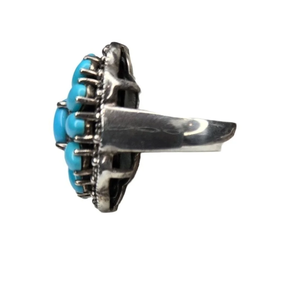 NF Ring 925 Sterling Silver Size 9 Blue Faux Turquoise Flower Statement NF925